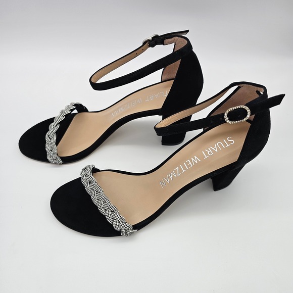 Stuart Weitzman Nearlynude Highshine Crystal Suede Block Heel Sandals Black  9B
